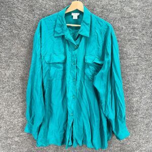 Clio II Shirt Women 3X Plus Blue Button Up Silk Long Sleeve Collared Pockets